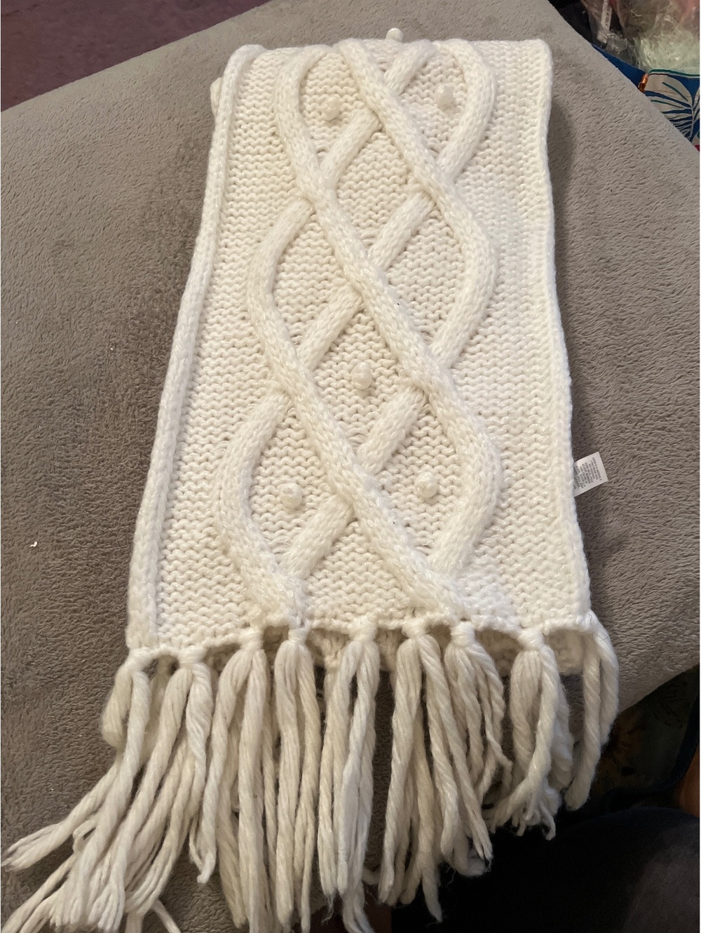 Aerie White Cable Knit Scarf with Fringe